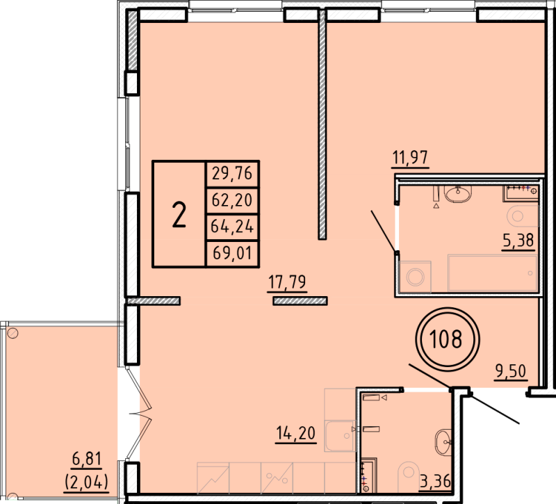 2-комнатная квартира, 62.2 м² - планировка, фото №1