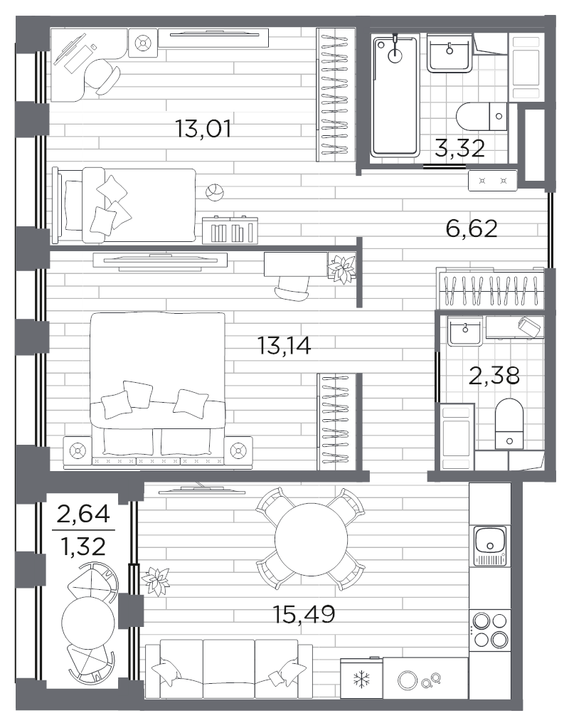 3-комнатная (Евро) квартира, 55.28 м² в ЖК "Respect" - планировка, фото №1