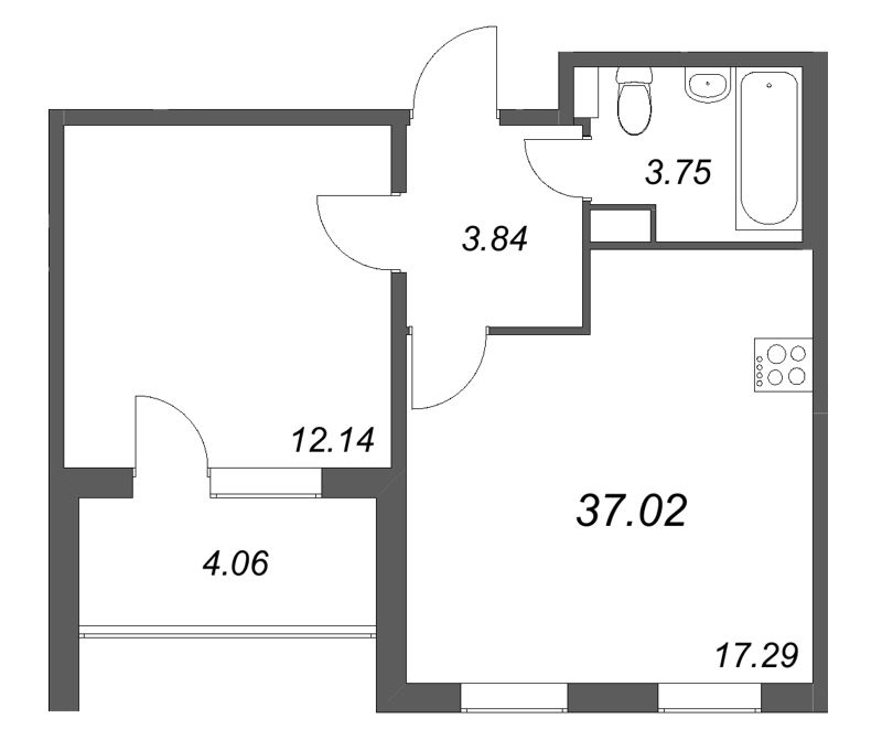 2-комнатная (Евро) квартира, 37.02 м² в ЖК "Любоград" - планировка, фото №1