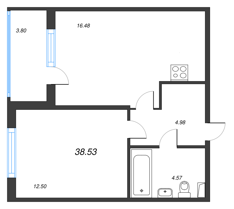 2-комнатная (Евро) квартира, 38.53 м² в ЖК "Любоград" - планировка, фото №1