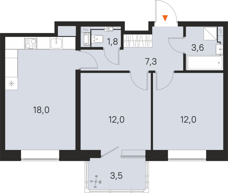 3-комнатная (Евро) квартира, 54.7 м² в ЖК "М36" - планировка, фото №1