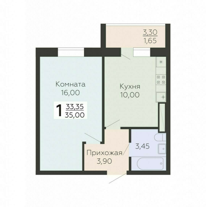 1-комнатная квартира, 35 м² в ЖК "Ленский" - планировка, фото №1