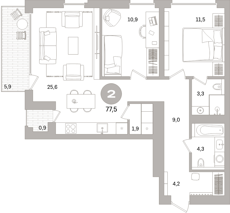 3-комнатная (Евро) квартира, 77.5 м² в ЖК "Северный ветер" - планировка, фото №1