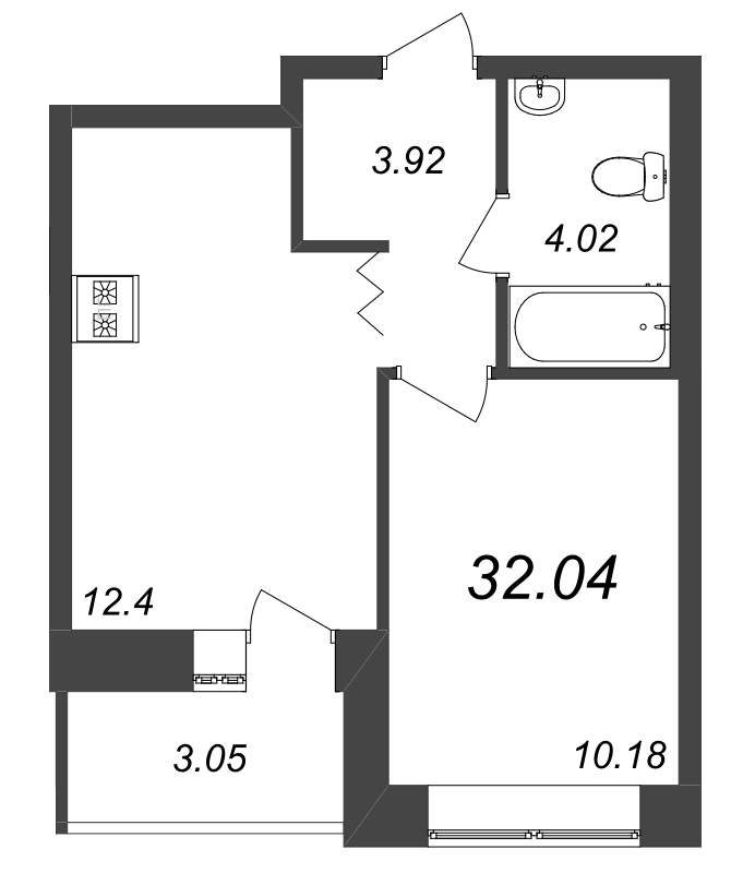 1-комнатная квартира, 32.04 м² - планировка, фото №1