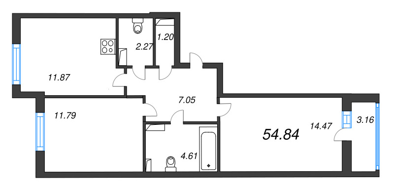 2-комнатная квартира, 54.84 м² - планировка, фото №1