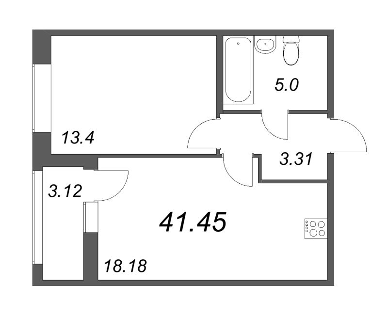 2-комнатная (Евро) квартира, 41.45 м² - планировка, фото №1
