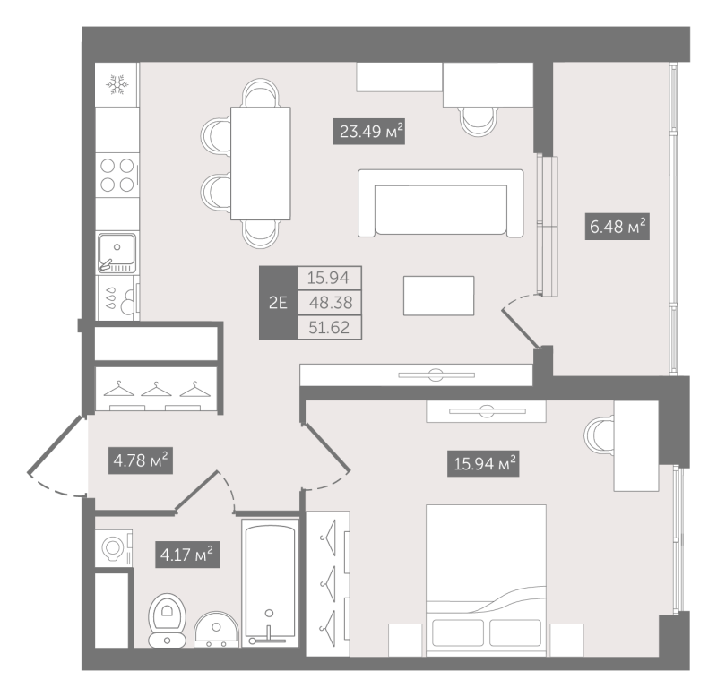 2-комнатная (Евро) квартира, 51.62 м² - планировка, фото №1