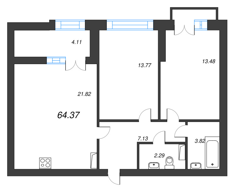 3-комнатная (Евро) квартира, 68.9 м² в ЖК "Наука" - планировка, фото №1