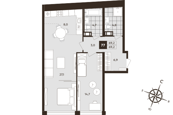 2-комнатная (Евро) квартира, 69.2 м² в ЖК "Дом на Бронницкой" - планировка, фото №1