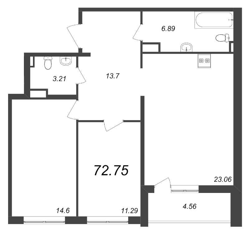 3-комнатная (Евро) квартира, 72.75 м² - планировка, фото №1