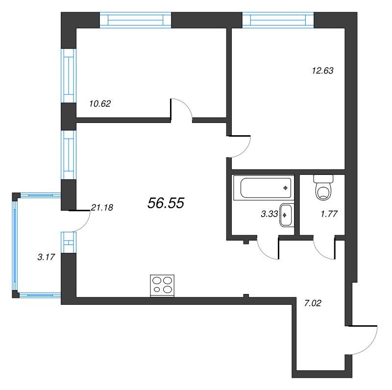 3-комнатная (Евро) квартира, 56.55 м² - планировка, фото №1