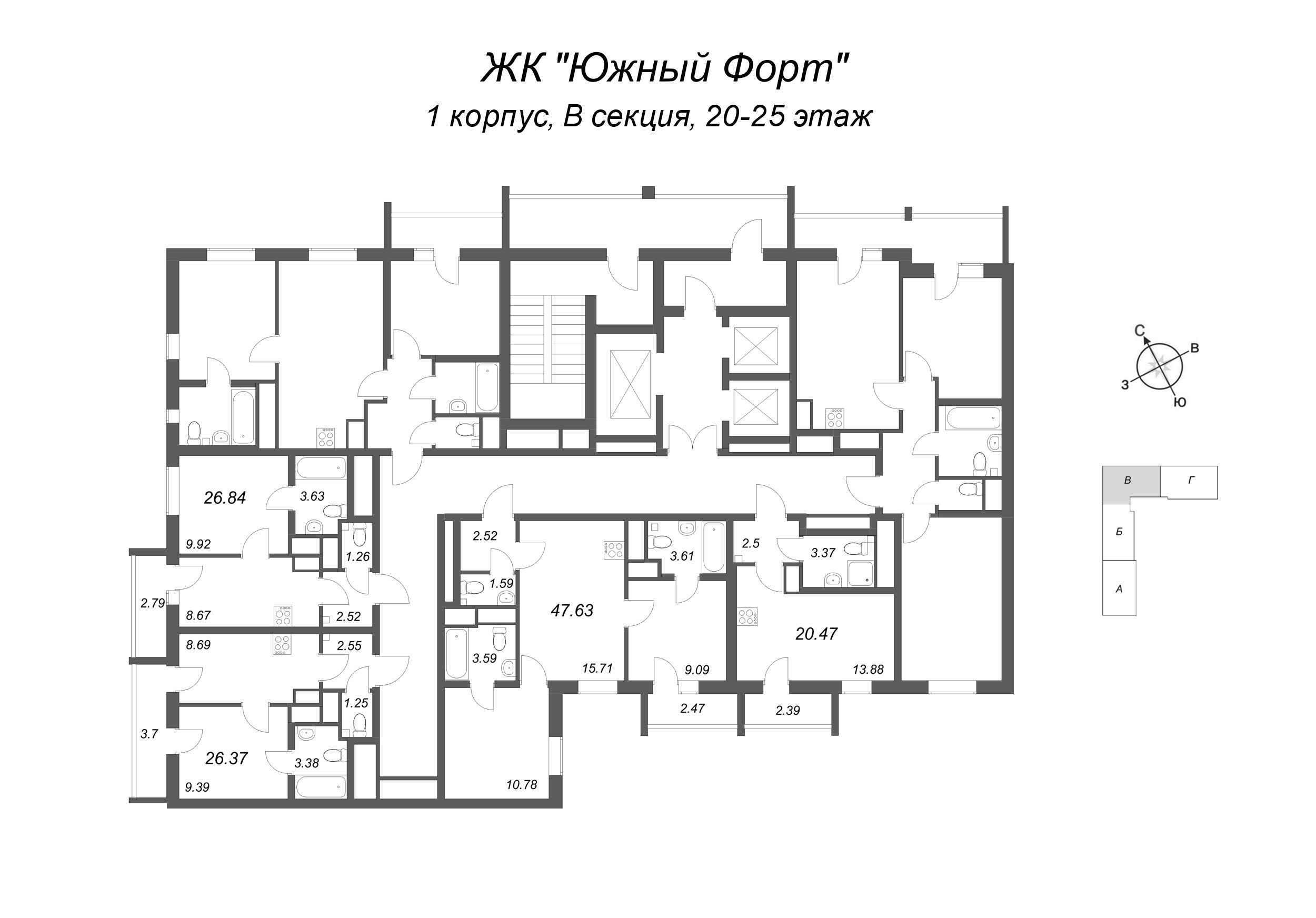 3-комнатная (Евро) квартира, 47.63 м² в ЖК "Южный форт" - планировка этажа