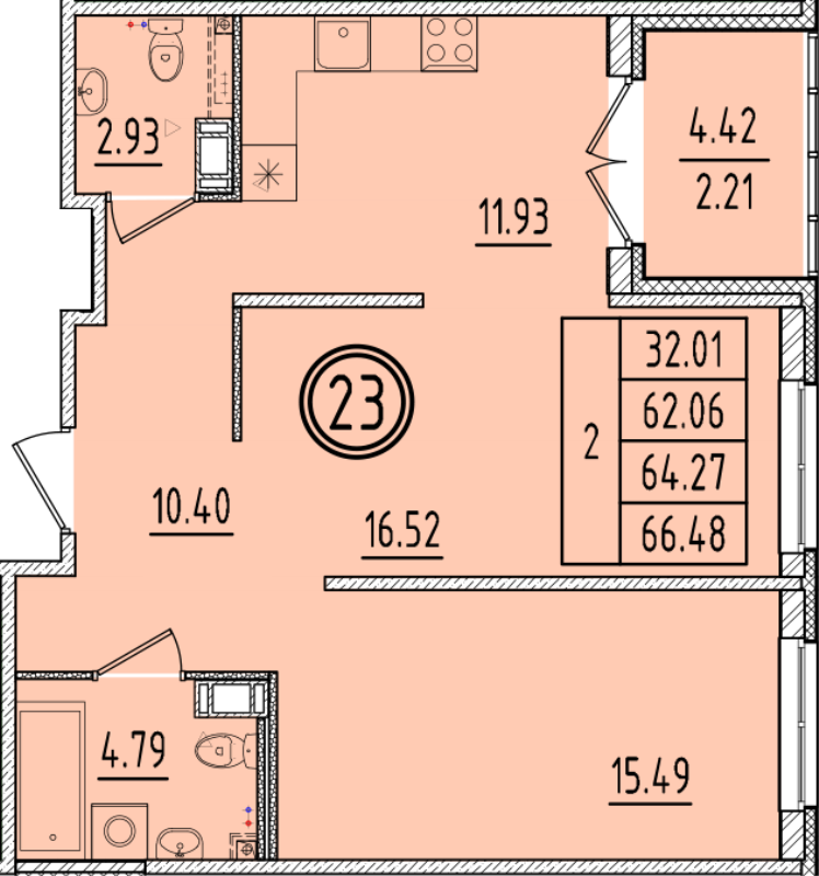 2-комнатная квартира, 62.06 м² в ЖК "Образцовый квартал 6.4" - планировка, фото №1