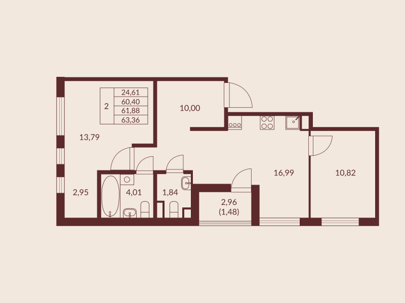 3-комнатная (Евро) квартира, 61.88 м² в ЖК "Амурино" - планировка, фото №1
