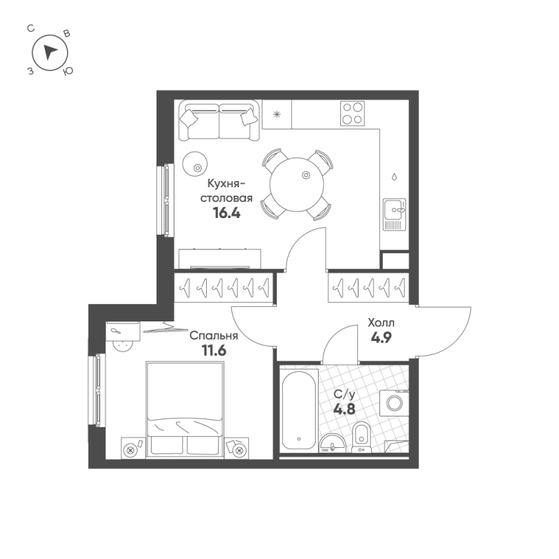 2-комнатная (Евро) квартира, 37.7 м² в ЖК "Клюква.Парк" - планировка, фото №1