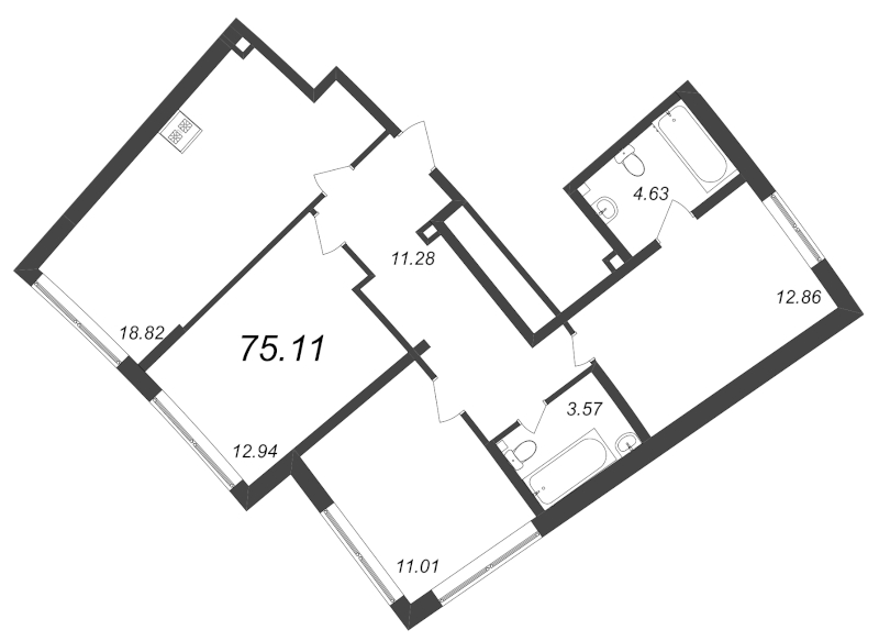 4-комнатная (Евро) квартира, 75.11 м² - планировка, фото №1