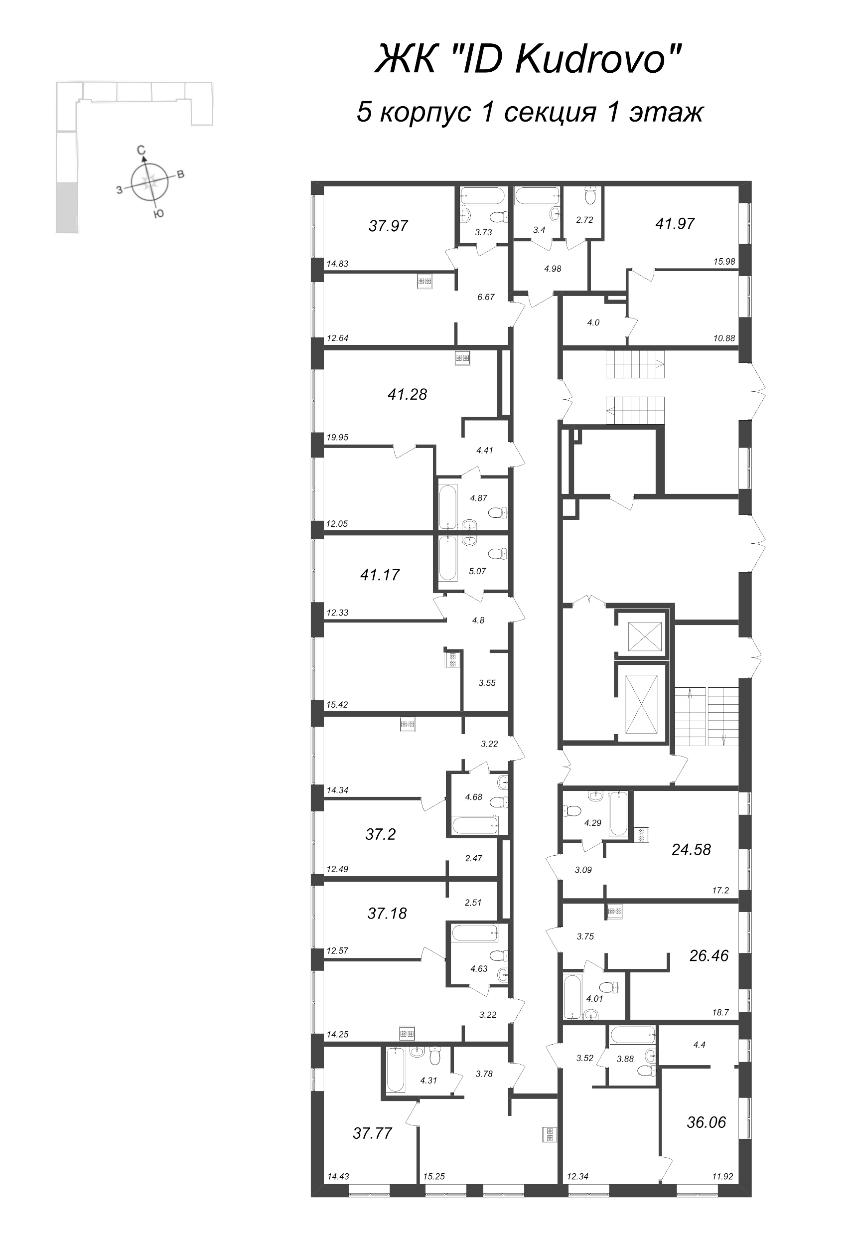 1-комнатная квартира, 37.97 м² в ЖК "ID Kudrovo" - планировка этажа