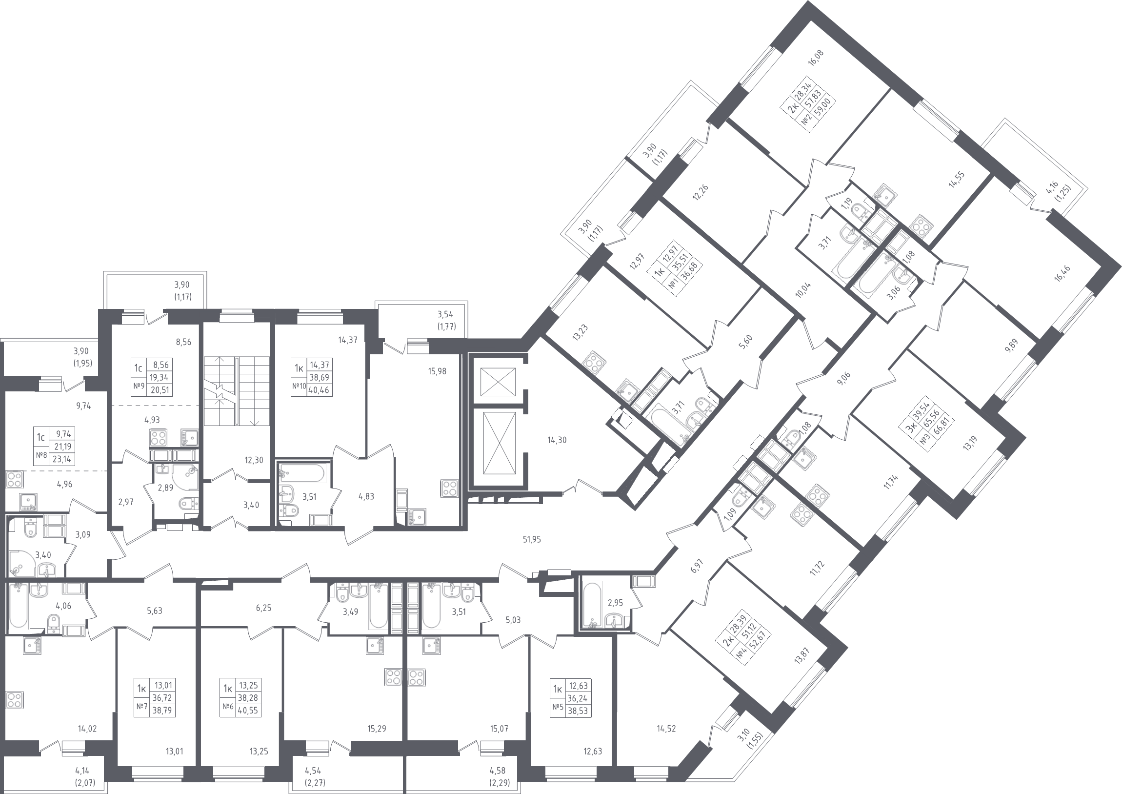 2-комнатная квартира, 52.67 м² в ЖК "Живи! В Рыбацком" - планировка этажа