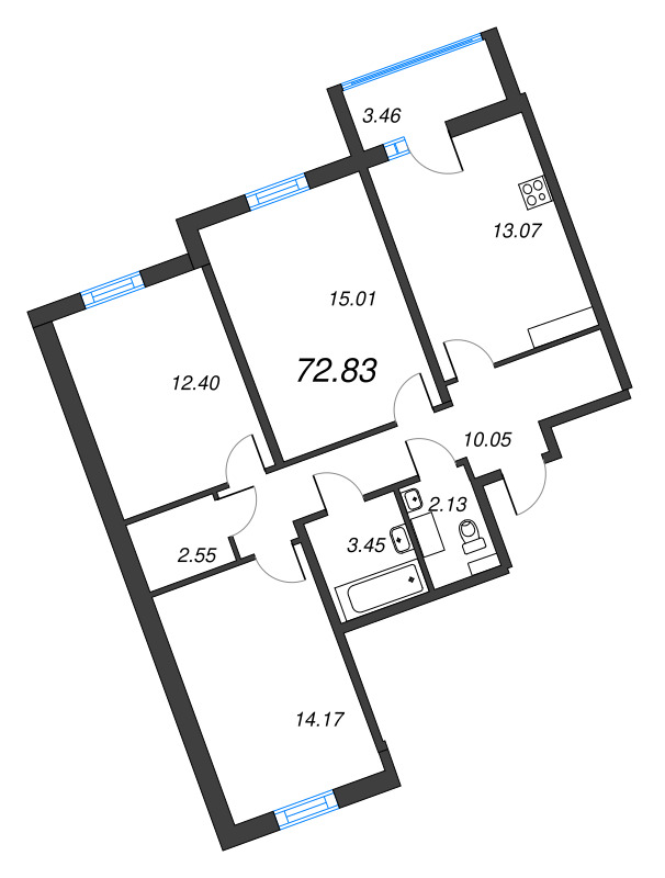 3-комнатная квартира, 72.83 м² в ЖК "ПАТИО. Уютный квартал" - планировка, фото №1