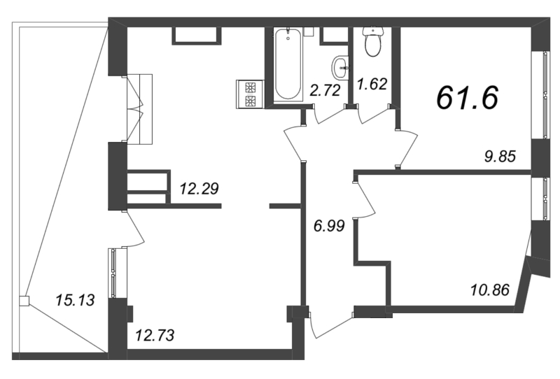 3-комнатная квартира, 61.6 м² - планировка, фото №1