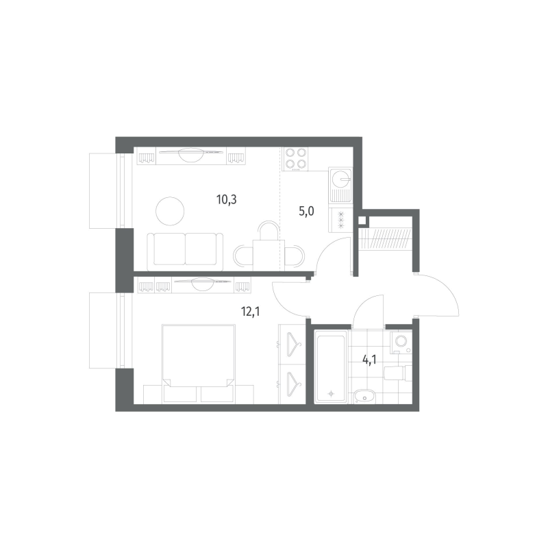 2-комнатная (Евро) квартира, 35.9 м² в ЖК "Парусная 1" - планировка, фото №1