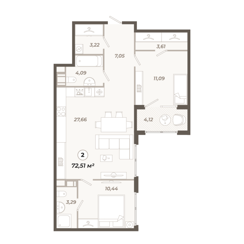 3-комнатная (Евро) квартира, 72.51 м² в ЖК "Знатный" - планировка, фото №1
