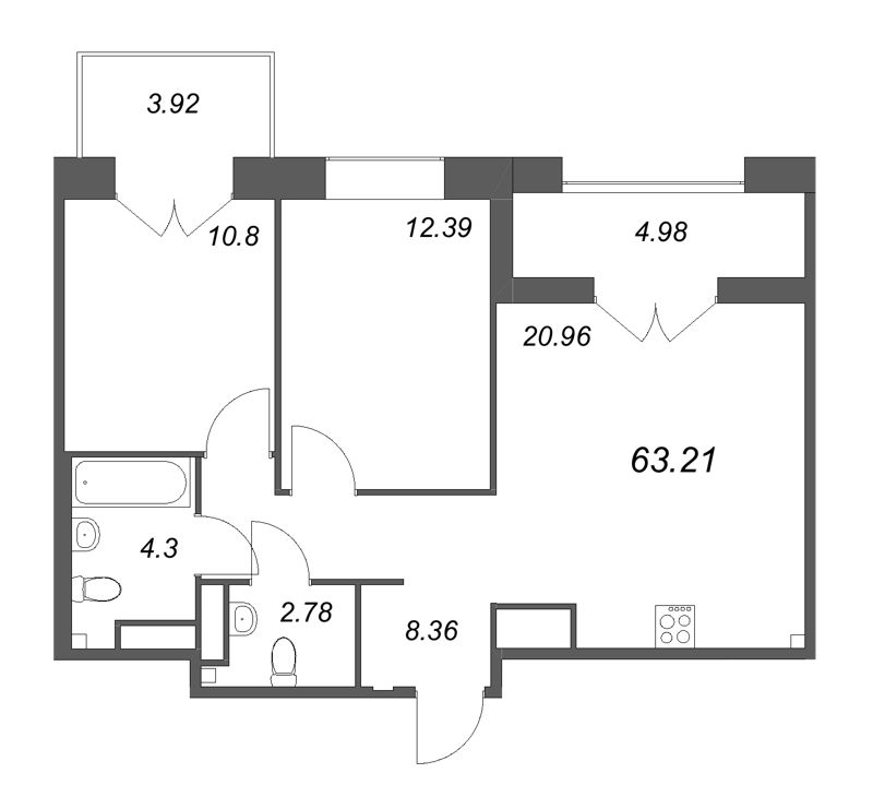 3-комнатная (Евро) квартира, 63.21 м² в ЖК "Ранта Резиденс" - планировка, фото №1
