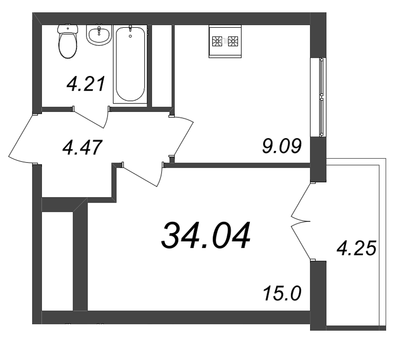 1-комнатная квартира, 34.4 м² - планировка, фото №1