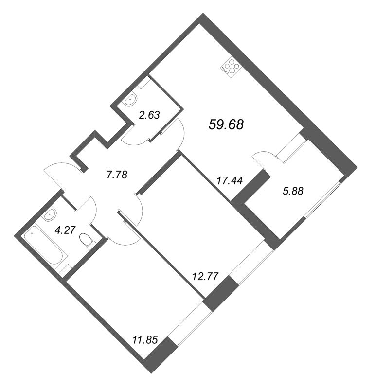 3-комнатная (Евро) квартира, 59.68 м² в ЖК "Аквилон RekaPark" - планировка, фото №1