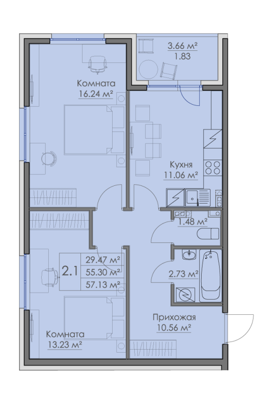 2-комнатная квартира, 57.13 м² в ЖК "Малая Финляндия" - планировка, фото №1