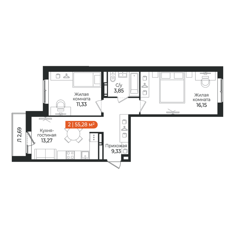 2-комнатная квартира, 55.28 м² в ЖК "Алгоритм Квинта" - планировка, фото №1