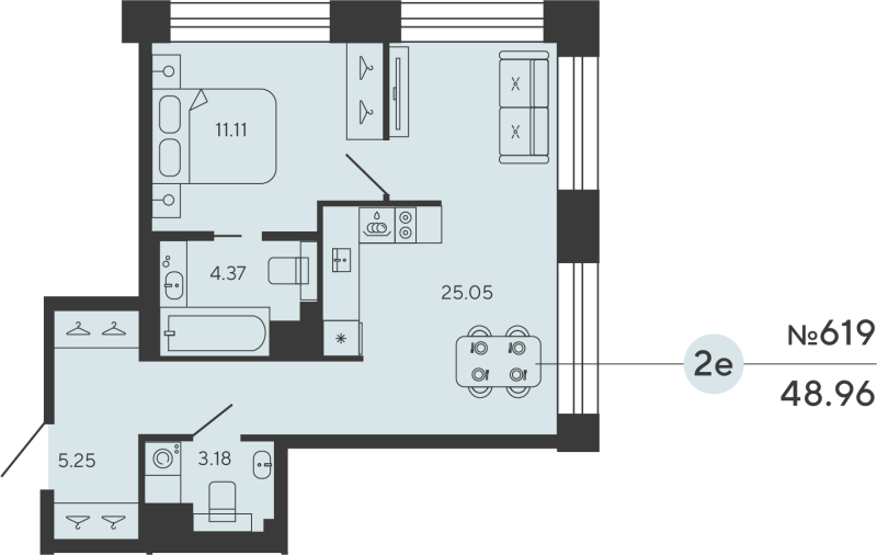 2-комнатная (Евро) квартира, 48.96 м² в ЖК "Башни Элемент" - планировка, фото №1