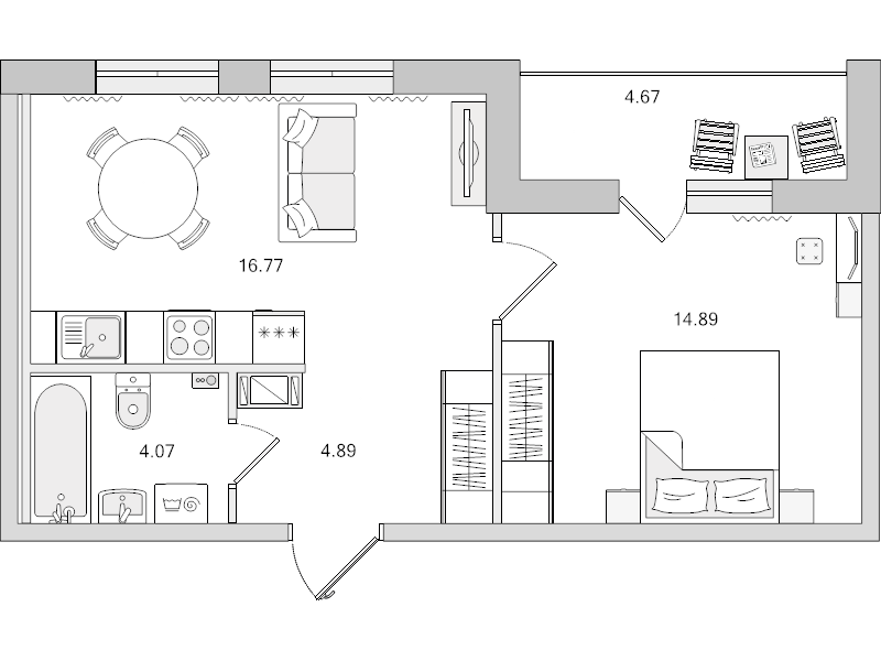 2-комнатная (Евро) квартира, 45.29 м² в ЖК "Чёрная речка" - планировка, фото №1