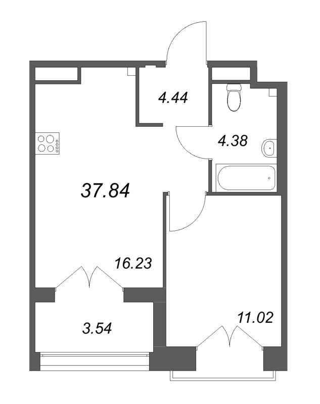 2-комнатная (Евро) квартира, 37.84 м² - планировка, фото №1