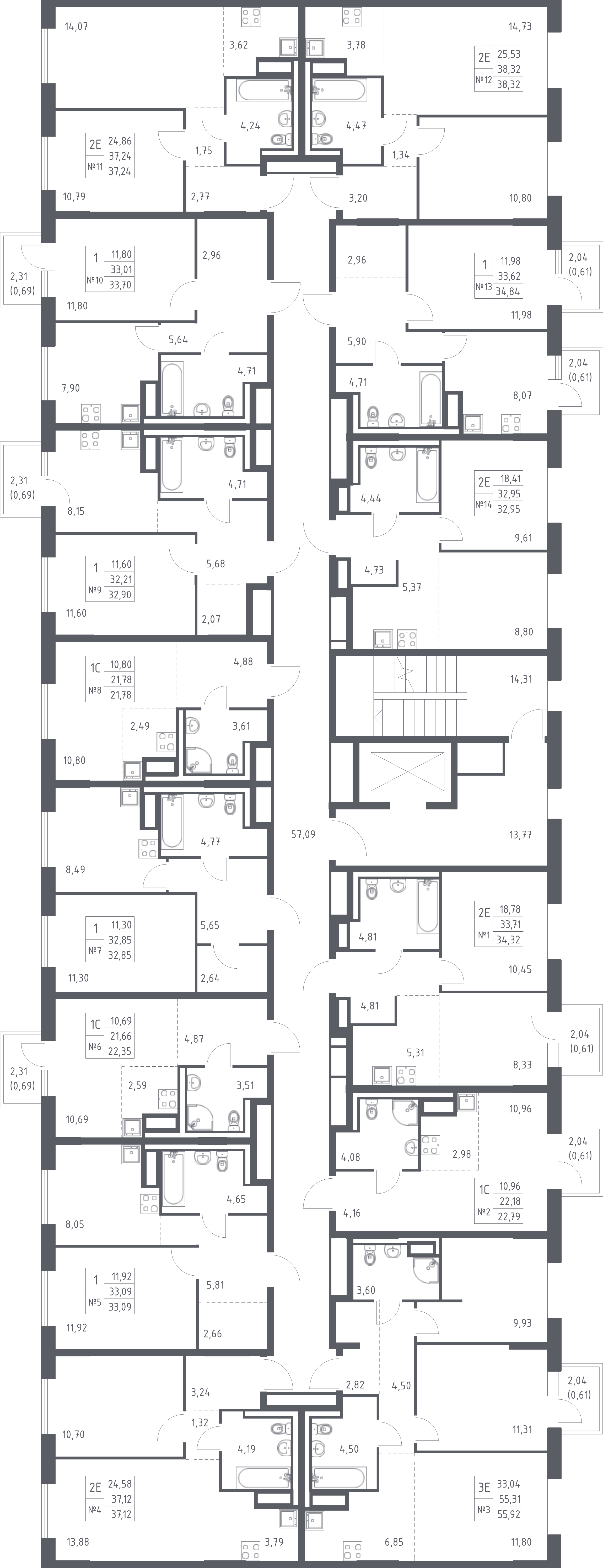 3-комнатная (Евро) квартира, 55.92 м² - планировка этажа