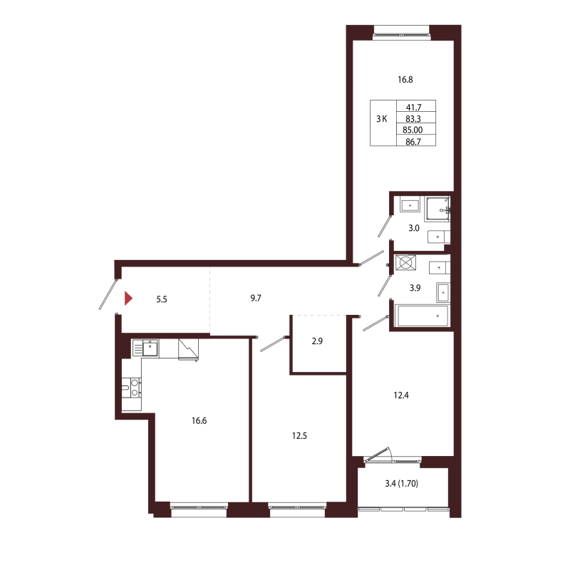 4-комнатная (Евро) квартира, 85 м² в ЖК "Лисино" - планировка, фото №1