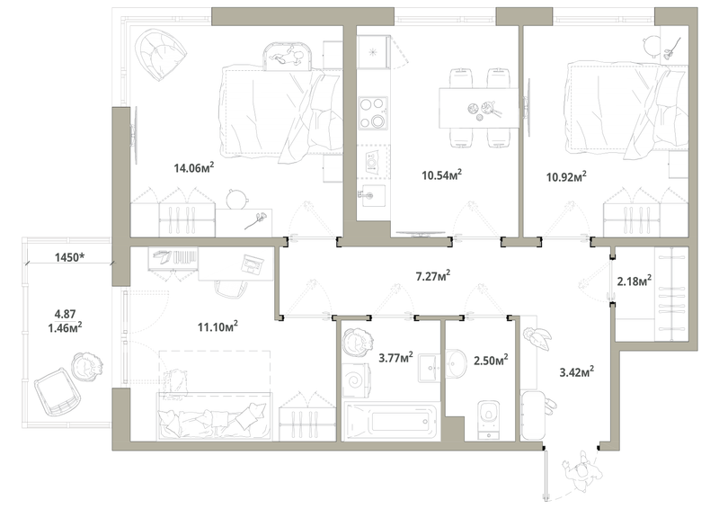 3-комнатная квартира, 67.22 м² в ЖК "Тишин" - планировка, фото №1
