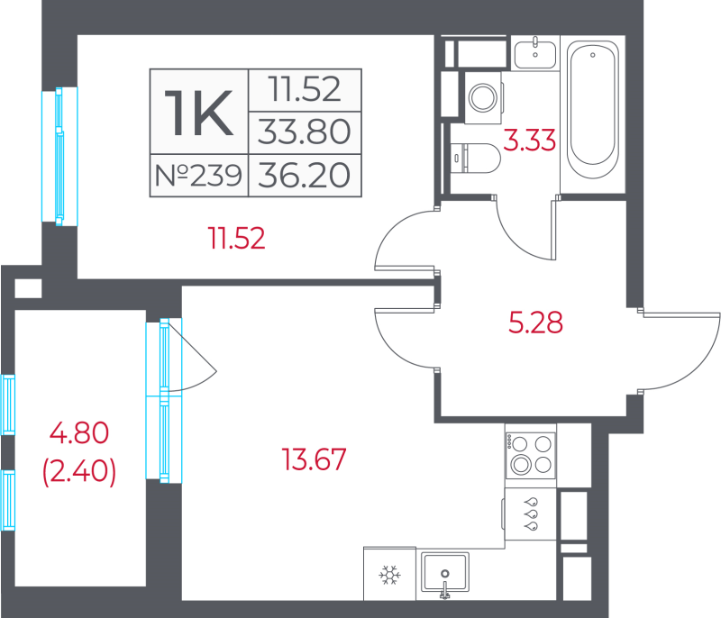 1-комнатная квартира, 36.2 м² в ЖК "Город-спутник Южный" - планировка, фото №1