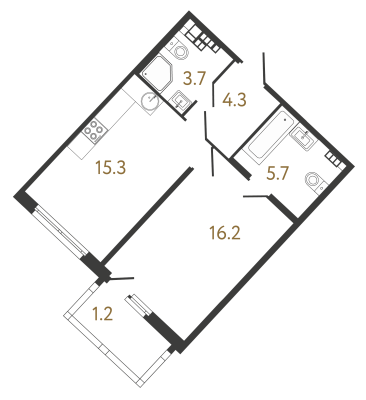 2-комнатная (Евро) квартира, 45.2 м² в ЖК "МИРЪ" - планировка, фото №1