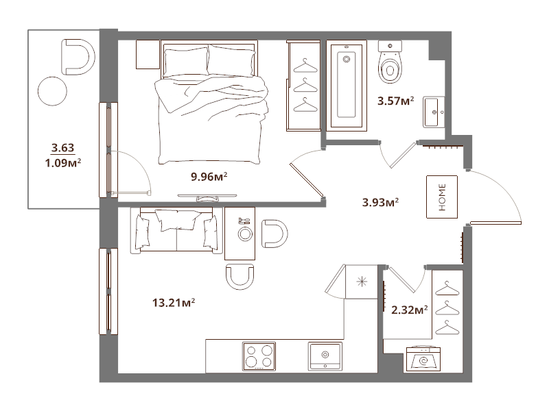 1-комнатная квартира, 34.08 м² - планировка, фото №1