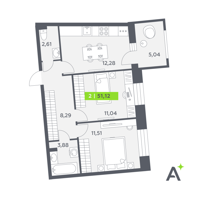 2-комнатная квартира, 51.12 м² в ЖК "Аквилон РекаПарк" - планировка, фото №1