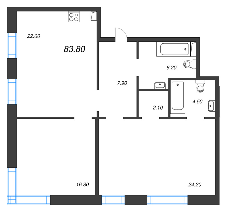 3-комнатная (Евро) квартира, 83.8 м² - планировка, фото №1