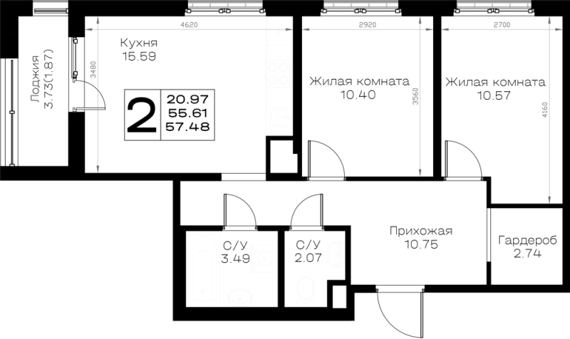 3-комнатная (Евро) квартира, 57.48 м² в ЖК "Борский" - планировка, фото №1