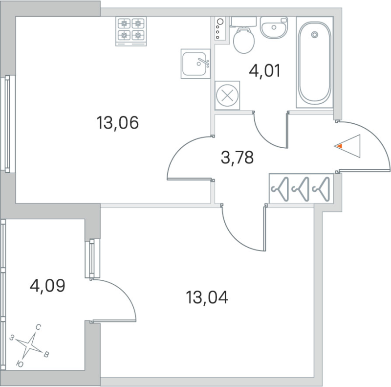 1-комнатная квартира, 33.89 м² - планировка, фото №1