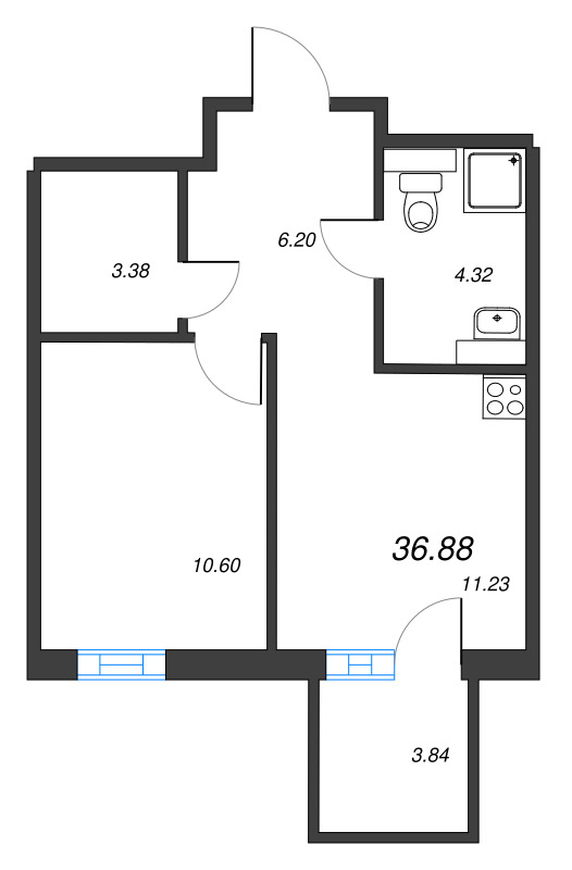 1-комнатная квартира, 36.88 м² в ЖК "Рощино Residence" - планировка, фото №1