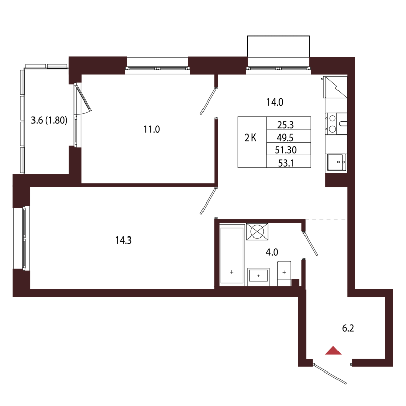 2-комнатная квартира, 51.3 м² в ЖК "Лисино" - планировка, фото №1