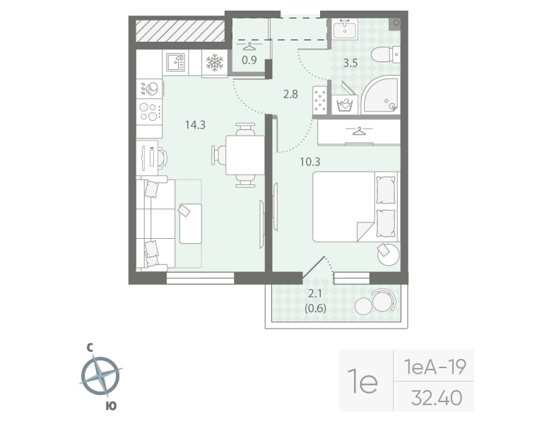1-комнатная квартира, 32.4 м² в ЖК "Дыбенко Парк" - планировка, фото №1