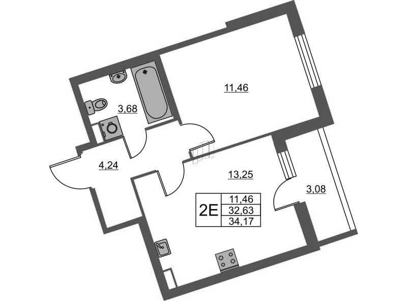 2-комнатная (Евро) квартира, 34.17 м² - планировка, фото №1