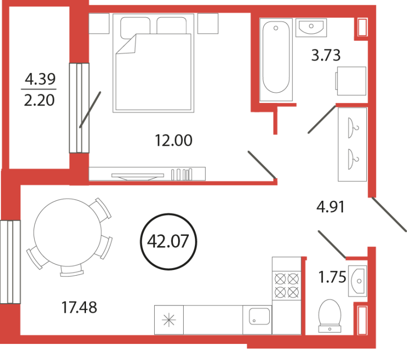 2-комнатная (Евро) квартира, 42.07 м² в ЖК "Энфилд" - планировка, фото №1