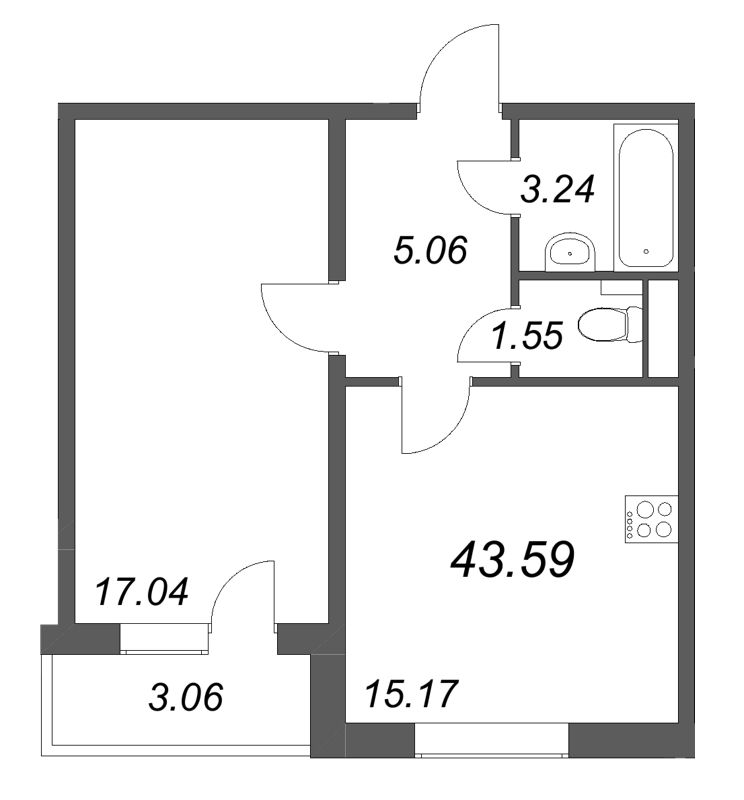 2-комнатная (Евро) квартира, 43.59 м² в ЖК "АРО" - планировка, фото №1